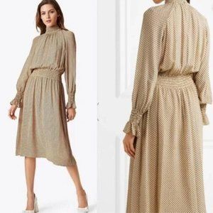 NWT Tory Burch Colette Silk Chiffon Georgette Midi Dress Gold Jazz Dot, Sz 0